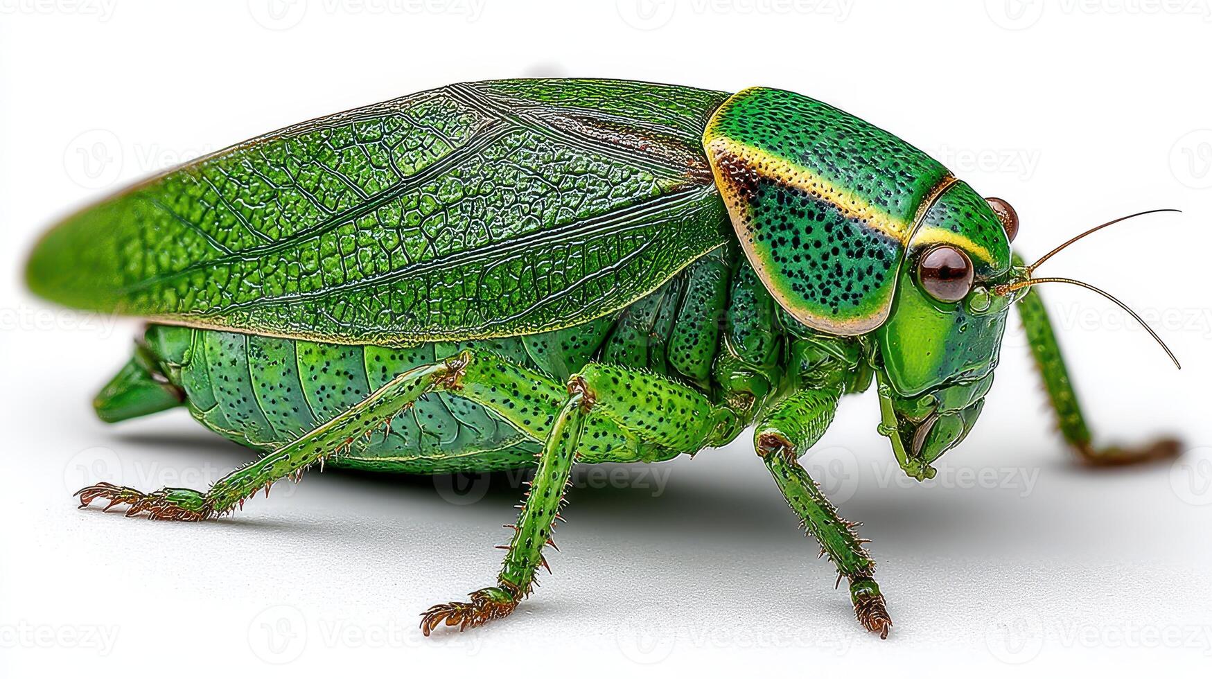 Green grasshopper with detailed texture resting on a surface in a well-lit environment during daytime photo