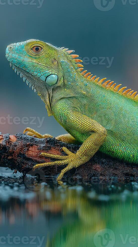 Colorful lizard perched on a log near the water in a misty forest during early morning photo