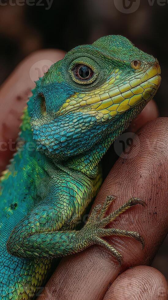 Brightly colored lizard being gently held by a person's hand in a natural setting photo