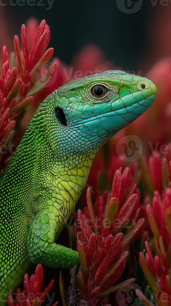 Colorful lizard resting among vibrant red flowers in a natural setting during the day photo