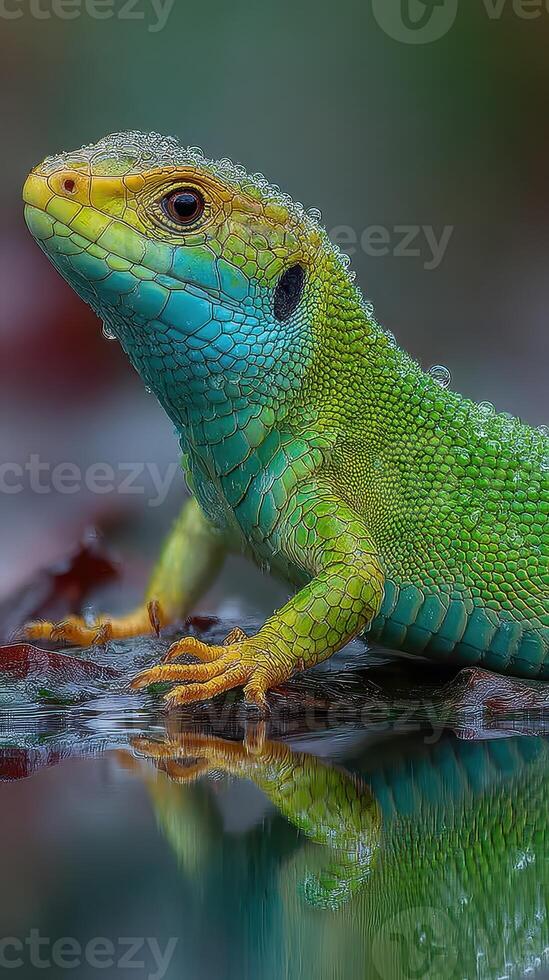 Colorful lizard basking on a leaf in the early morning light by the water photo