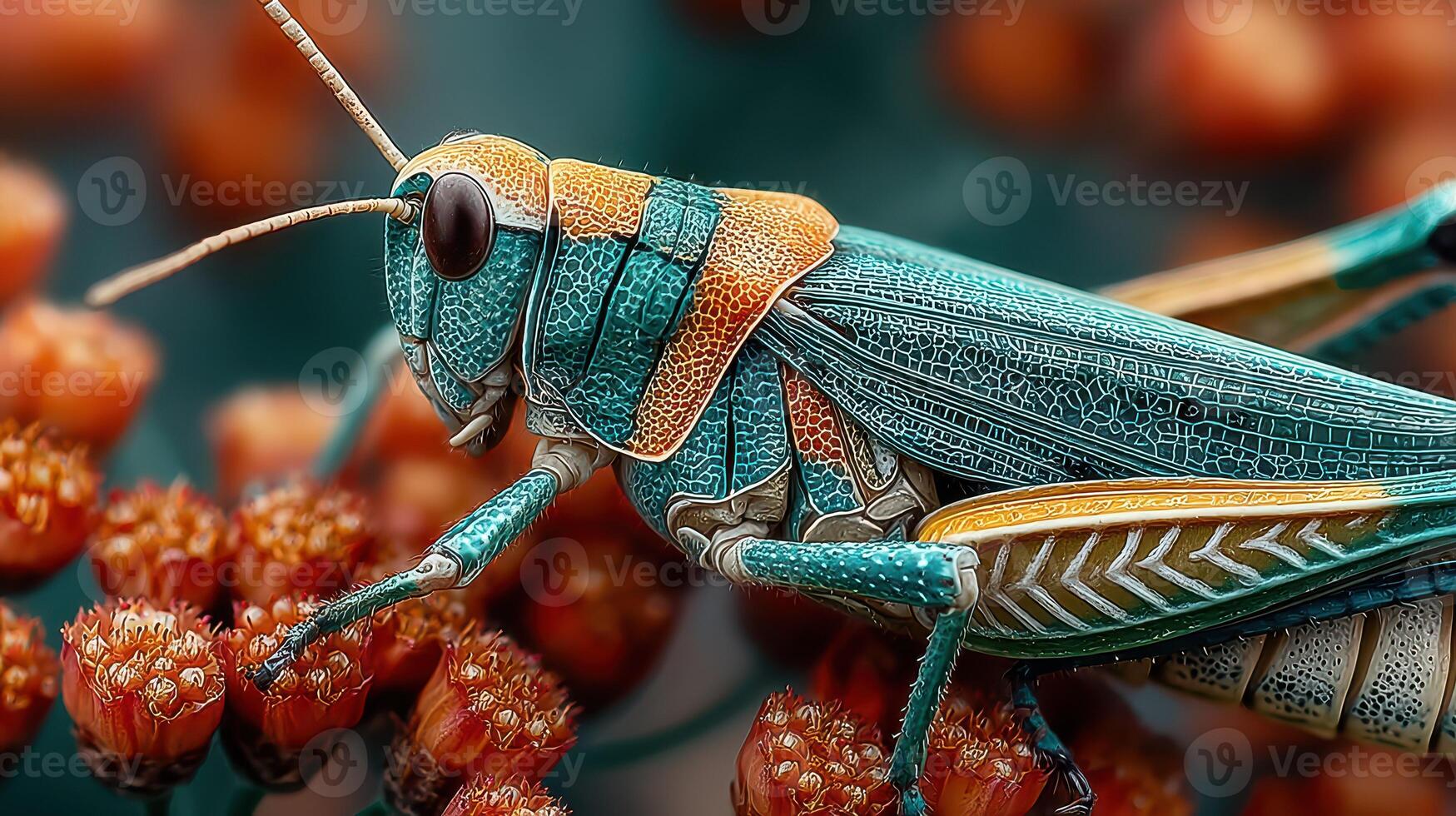 Colorful grasshopper perched on vibrant flowers during a sunny day in the garden photo