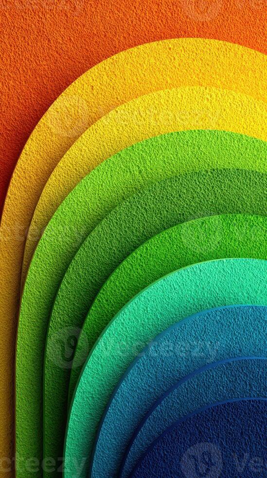 Colorful layers of textured paper arranged in a graceful arch showcasing a vibrant spectrum from red to blue photo