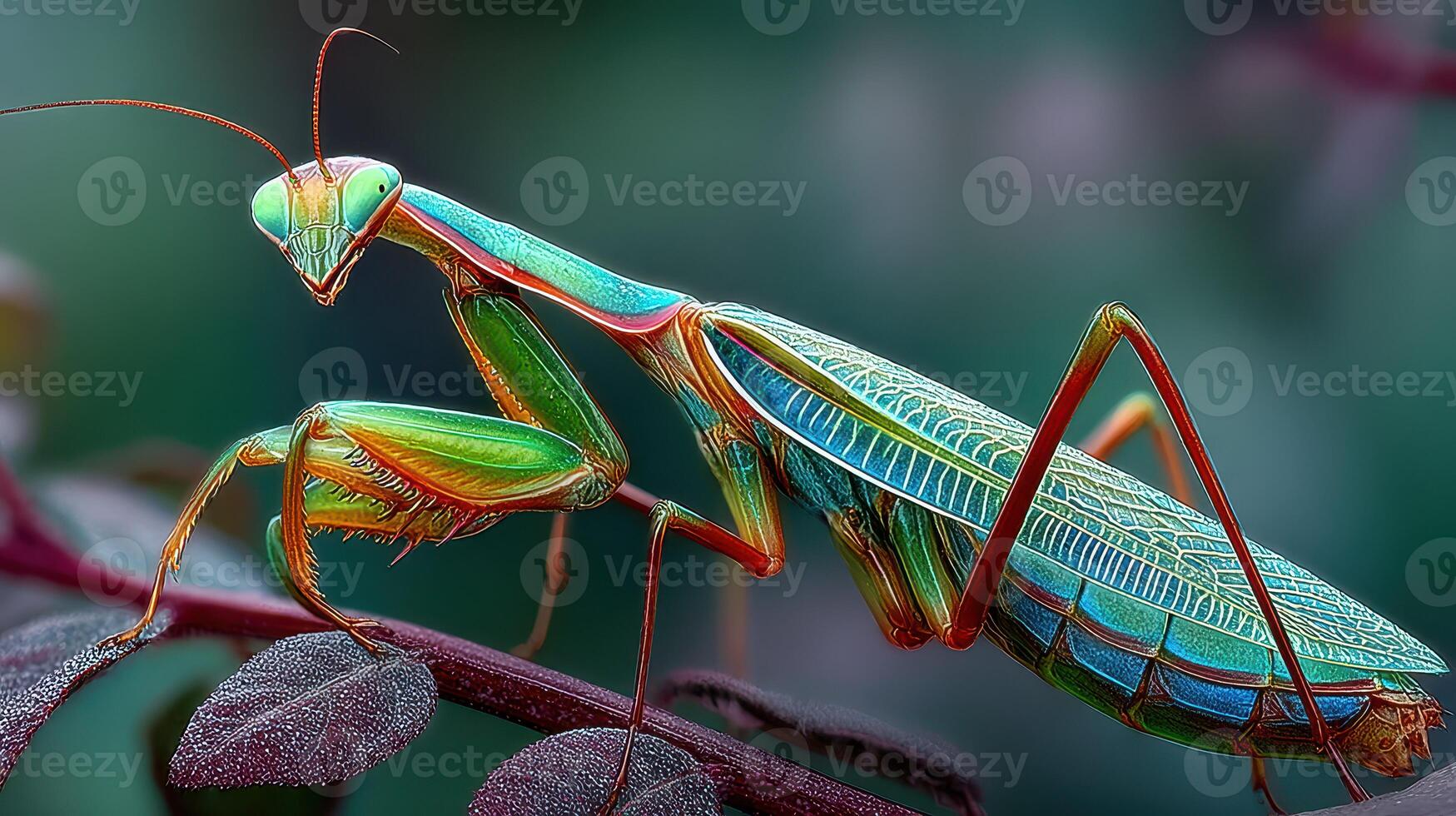 Vibrant mantis perched on a leaf in a lush garden during a warm summer afternoon photo