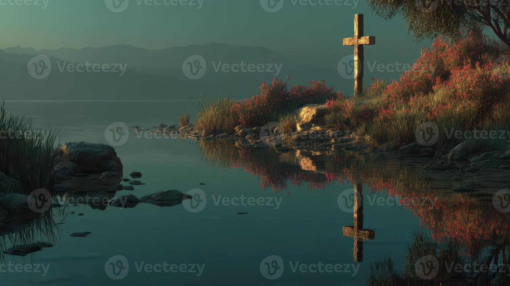 Nature landscape with a wooden cross reflecting in calm waters near a colorful shore at dawn photo