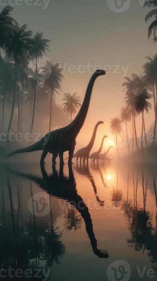 Dinosaurs silhouetted against a serene sunset in a misty prehistoric landscape photo