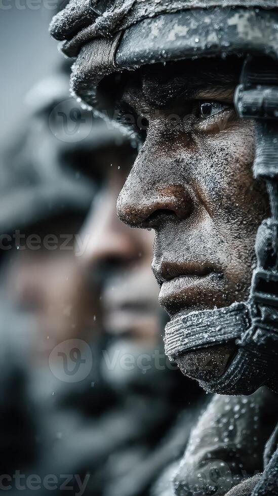 Military soldiers wearing helmets prepare for action in a rain-soaked environment during training exercises photo