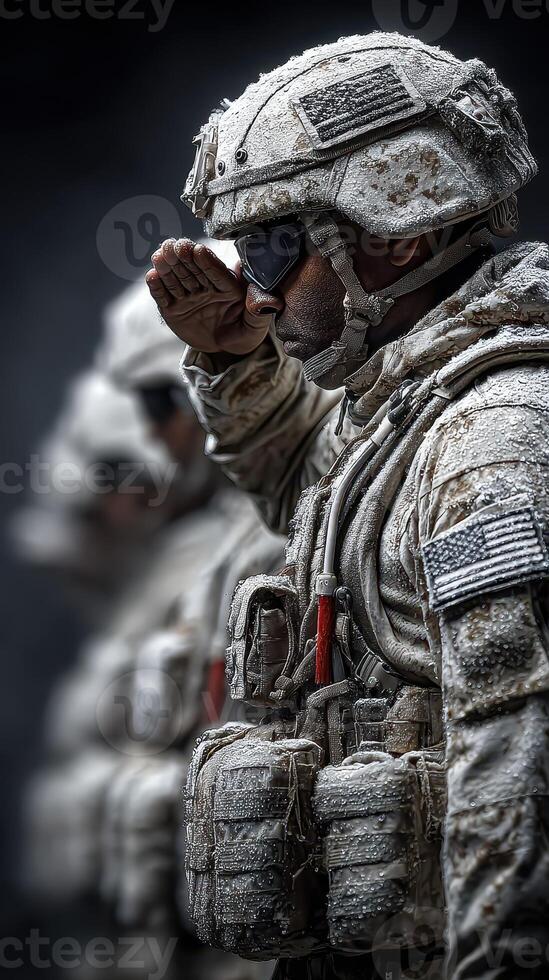 Soldiers in winter gear saluting during a ceremonial event in a cold, snowy environment photo