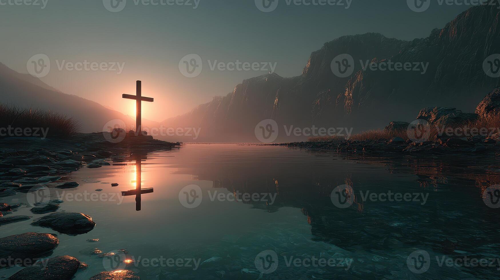 Sunset reflection behind a cross near a tranquil river in a mountainous landscape photo