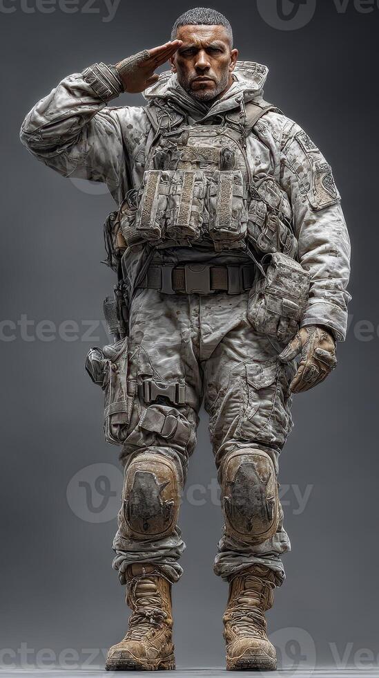 Military soldier in tactical winter gear salutes while standing in a neutral setting during a cold day photo