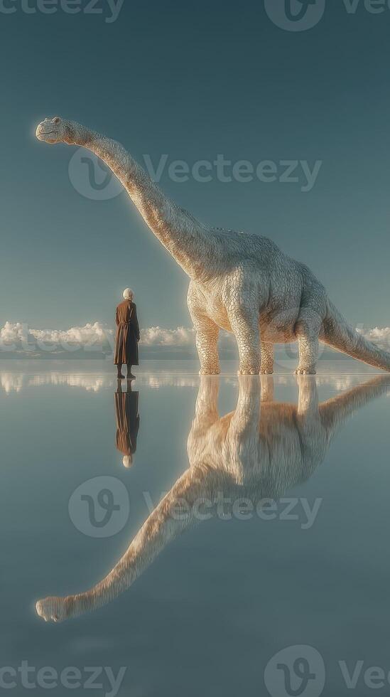 Giant dinosaur stands in serenity as a figure observes the tranquil landscape at dusk photo