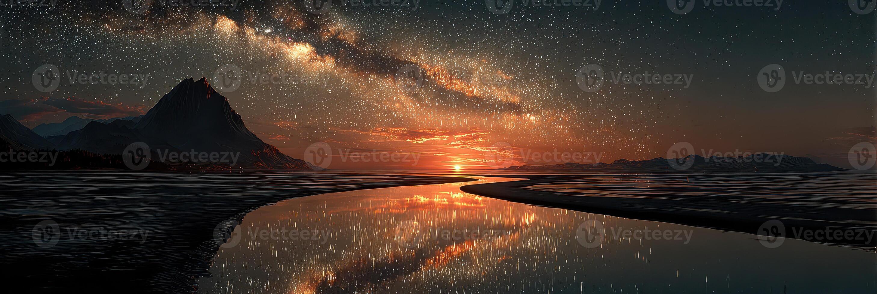 Stunning sunset reflecting in tranquil waters beneath a starry milky way sky photo