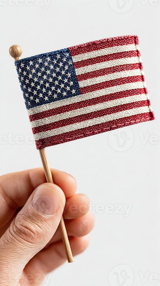 Small handcrafted American flag held by a person in a casual setting during a patriotic celebration photo