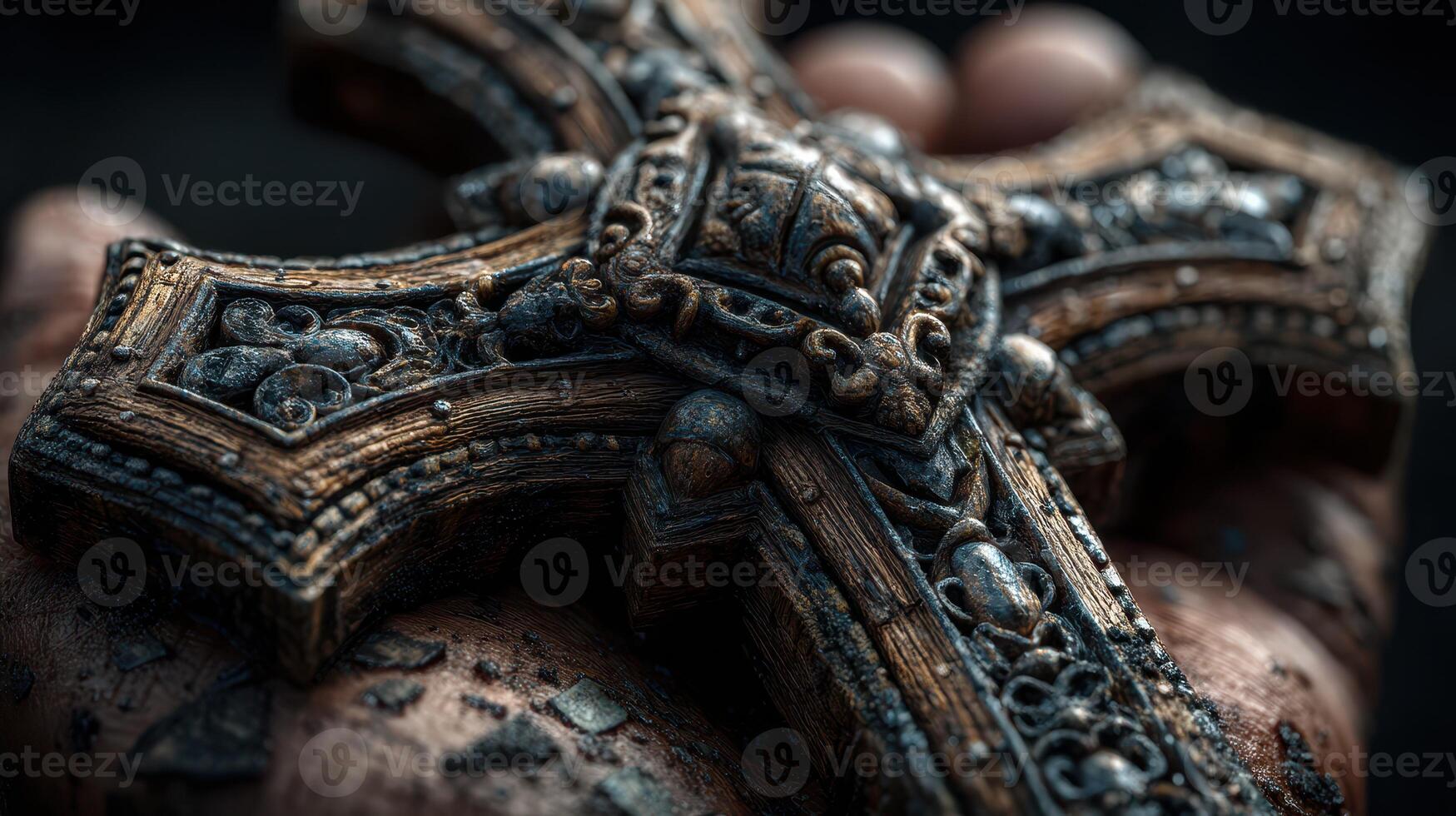 Detailed close-up of an ornate, ancient cross held in a weathered hand with symbolic elements in dim lighting photo