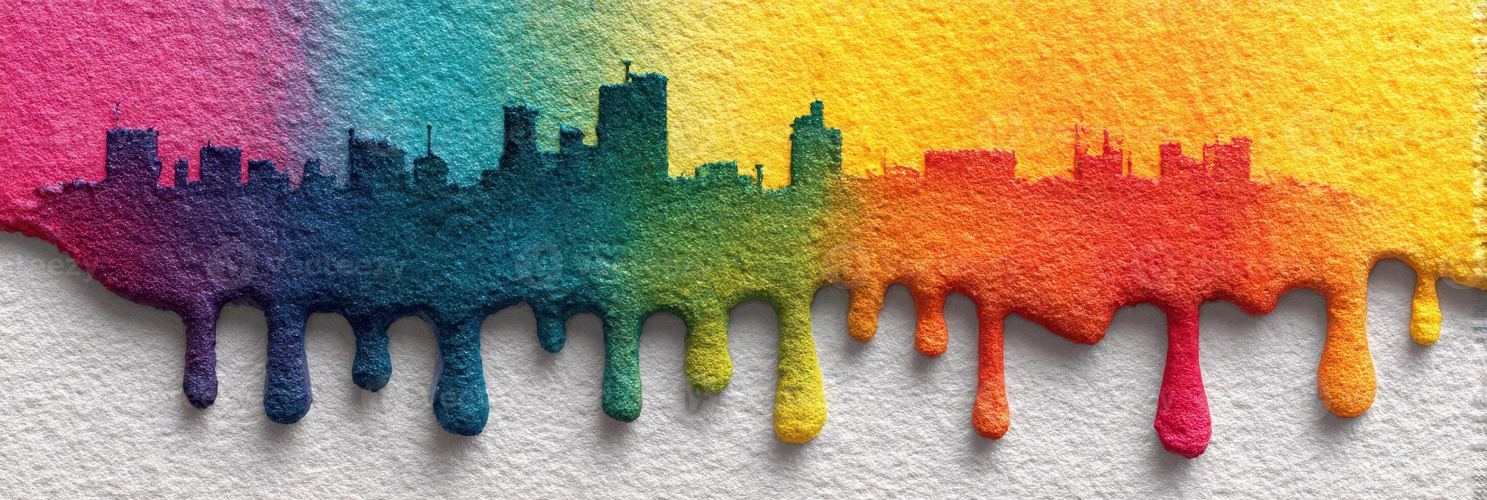 Colorful city skyline blending into vibrant paint drips against a textured background photo