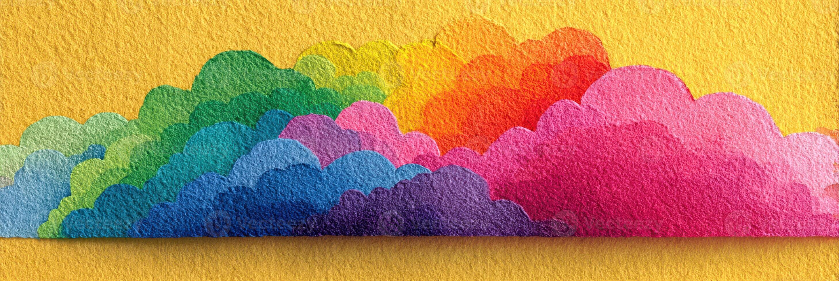 Brightly colored cloud art on a textured yellow background creates a cheerful atmosphere in a creative space photo