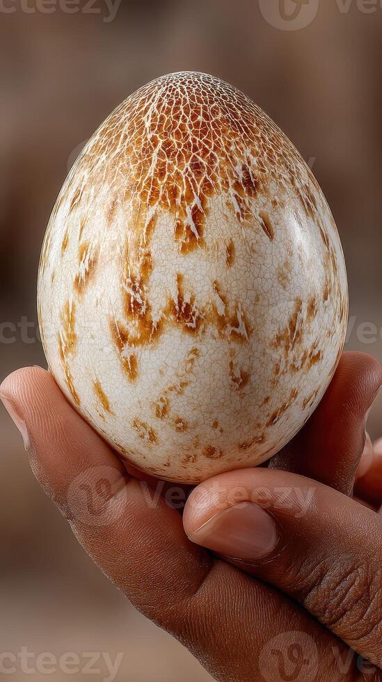 Unique textured egg held in hand showcases natural patterns and colors in a close-up view photo