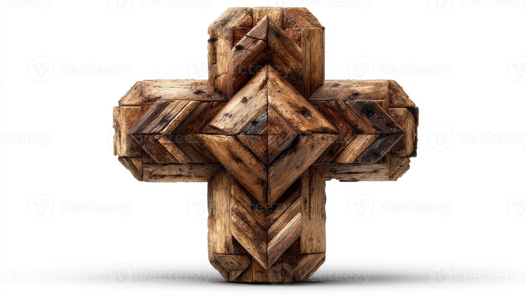 Wooden cross sculpture with intricate geometric patterns made from stacked timber pieces displayed on a plain background photo