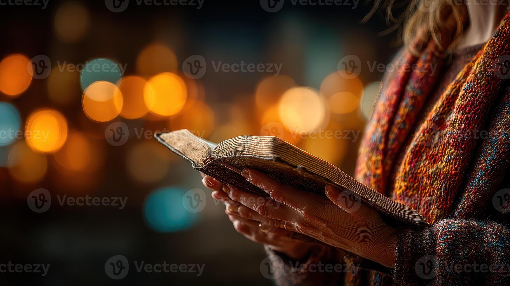 Holding an ancient book surrounded by warm lights on a quiet evening photo