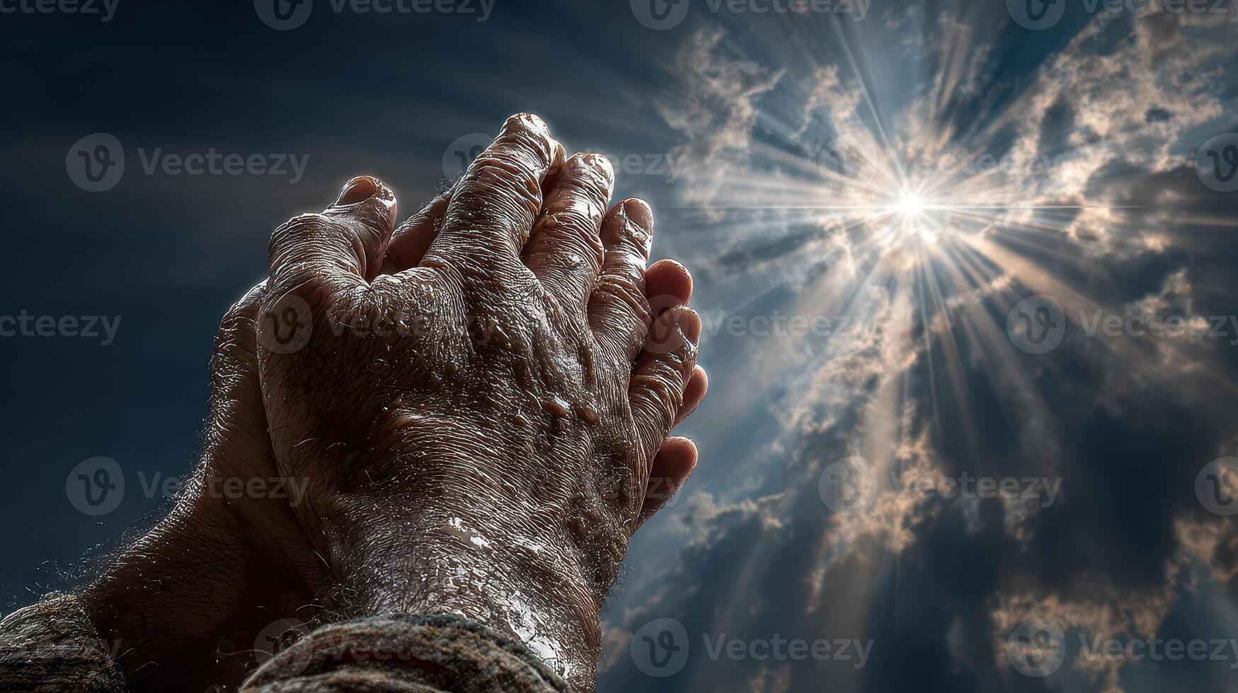 Captivating moment of prayer under radiant sunlight with hands clasped in hope and gratitude photo