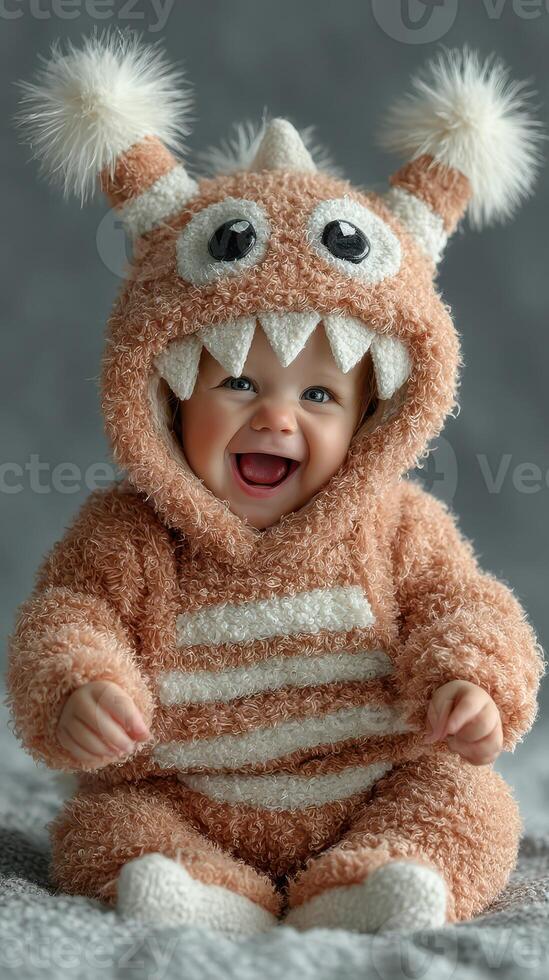 Happy baby wearing cute monster costume smiles for the camera during a joyful indoor photoshoot photo