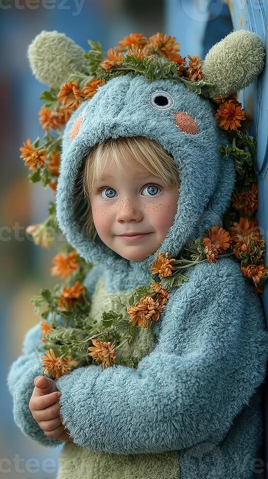 Child wearing a colorful animal costume adorned with flowers while standing near a wall in a vibrant, cheerful environment photo