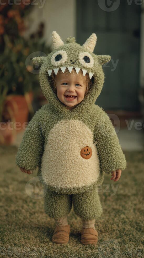 Child in cute green monster costume smiles happily outdoors during autumn festivities photo