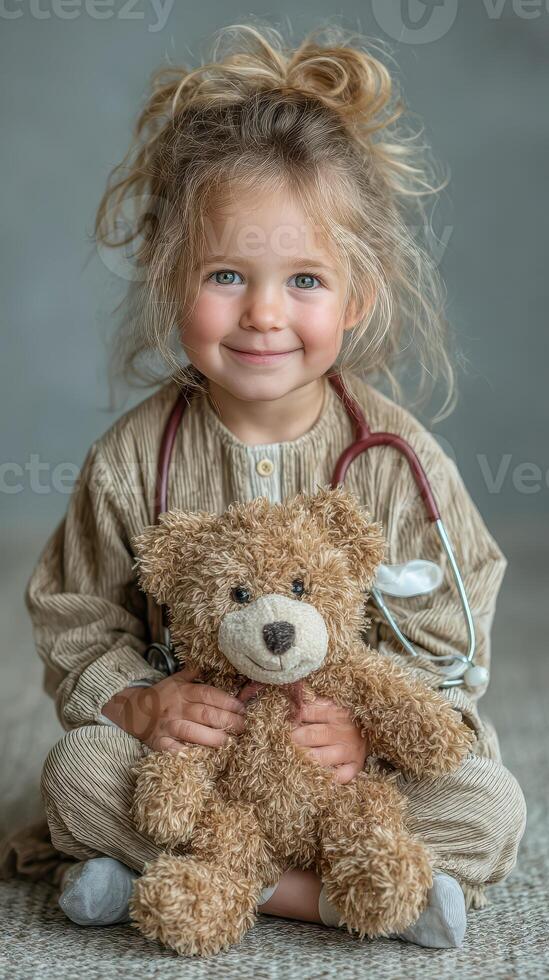 Young child dressed as a doctor holds a teddy bear in a cozy indoor environment during a soft light setting photo