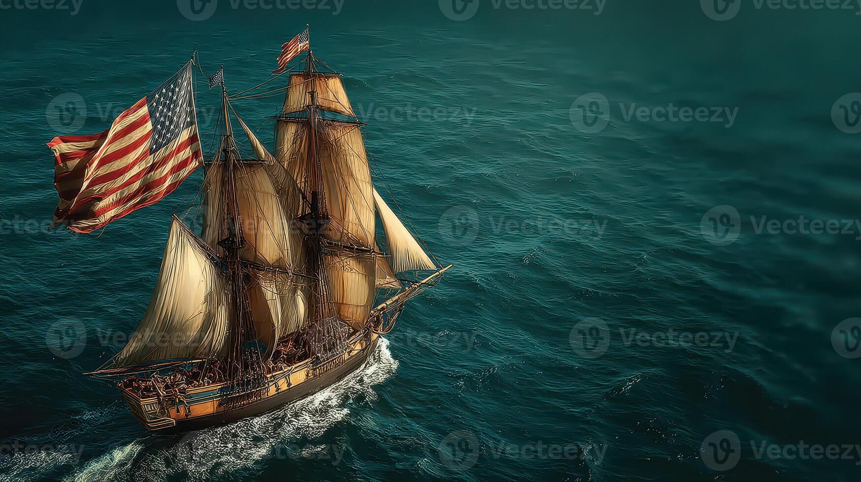 Historic sailing ship navigates through deep blue waters with American flags flying high, capturing maritime adventure in the open sea photo