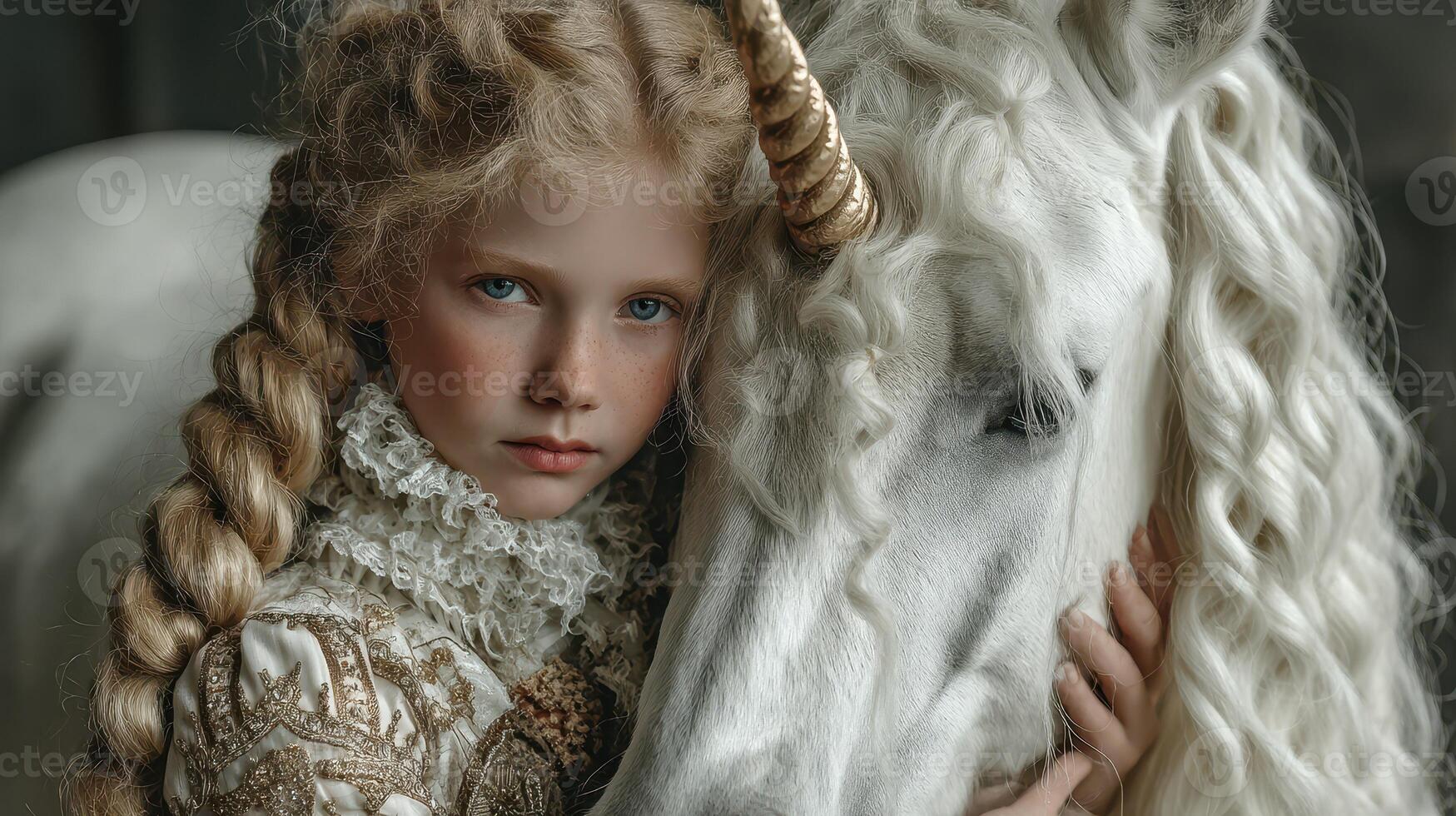 Young girl with braided hair embraces a white unicorn in a fantasy setting during golden hour photo
