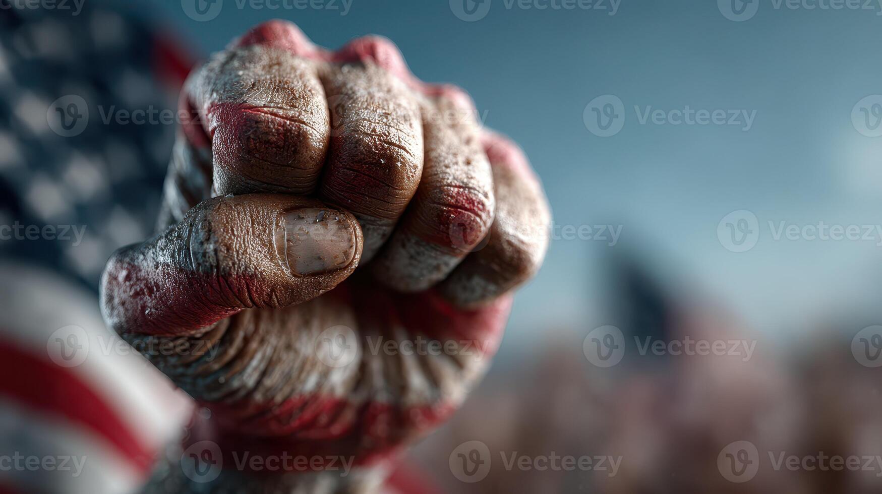 Fist raised in defiance with American flag in background during a patriotic rally photo