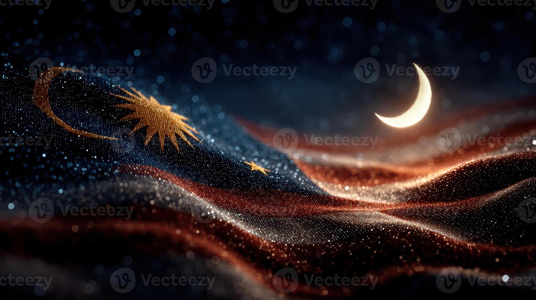 Waving Malaysian flag with crescent moon under starry night sky in a vibrant display of colors and patterns photo