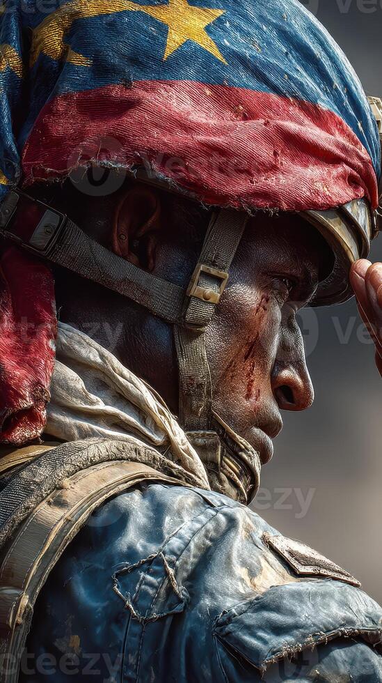 Soldier performing a salute while wearing a worn military uniform and helmet decorated with national colors photo