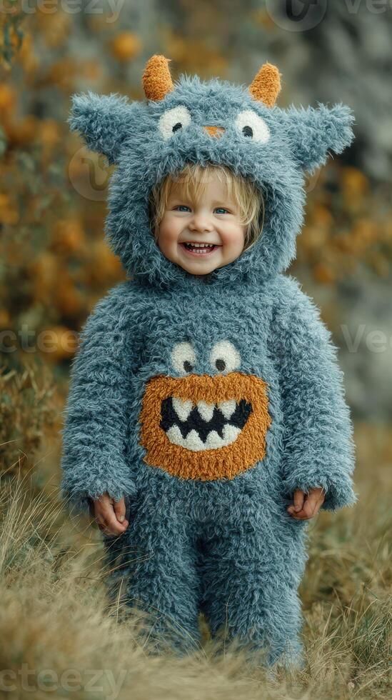 Child wearing a fluffy monster costume laughing in a natural setting during autumn photo