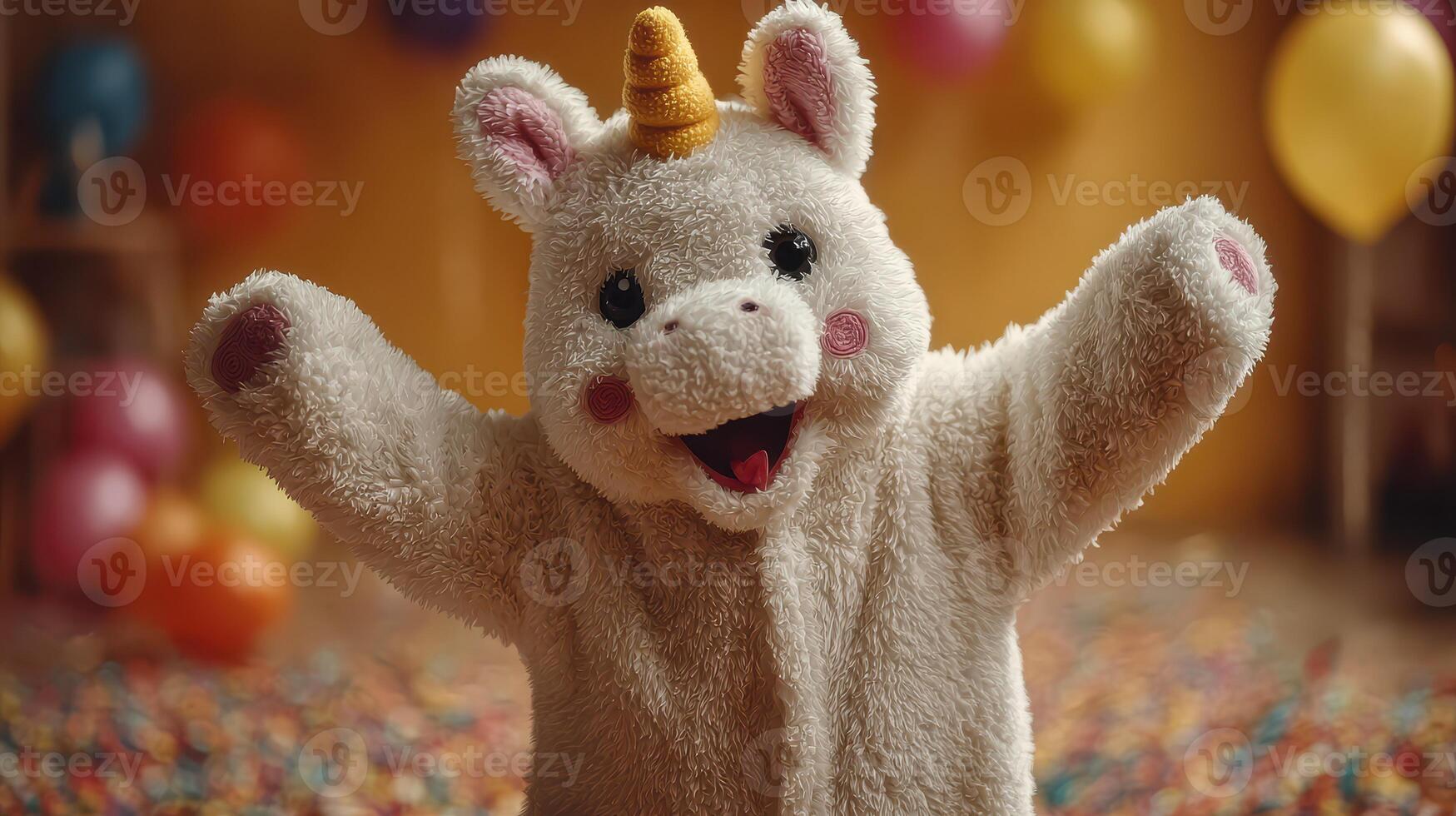 Soft unicorn costume brings joy during birthday celebration in a colorful party setting photo