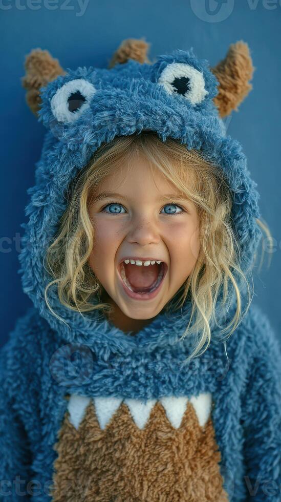 Child dressed in fluffy monster costume expresses joy against blue background photo