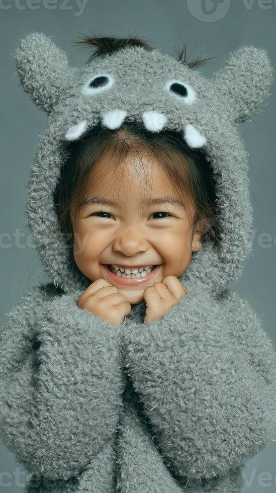 Cheerful child in fuzzy animal costume smiles happily against a gray background photo