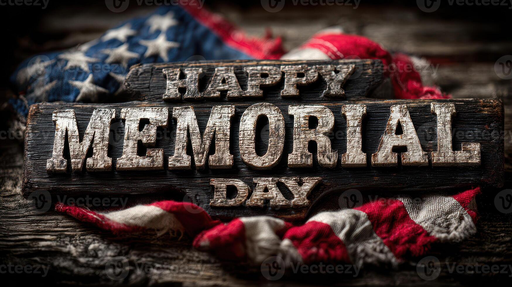 Celebrate Memorial Day with patriotic decor featuring a wooden sign and flag elements in a rustic setting photo