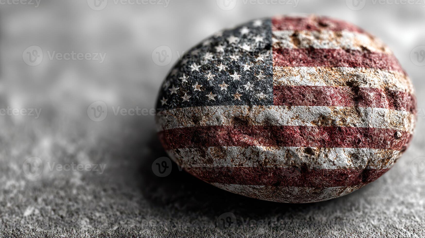 Unique rock painted with the American flag design displayed on textured surface in well-lit environment photo