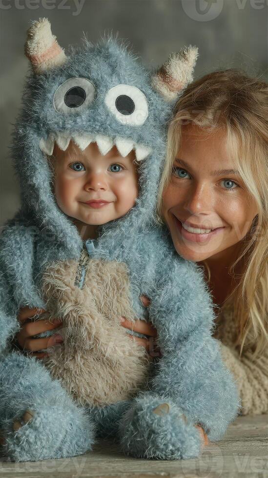 Mother and child sharing a joyful moment wearing a cozy monster costume in a softly lit indoor setting photo