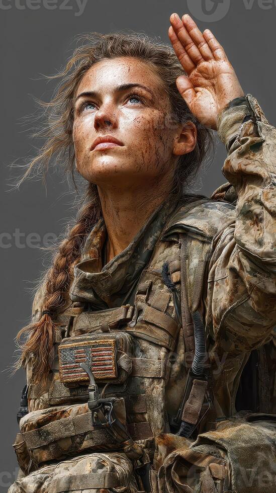 Female soldier saluting after a challenging mission in rugged terrain during sunset photo