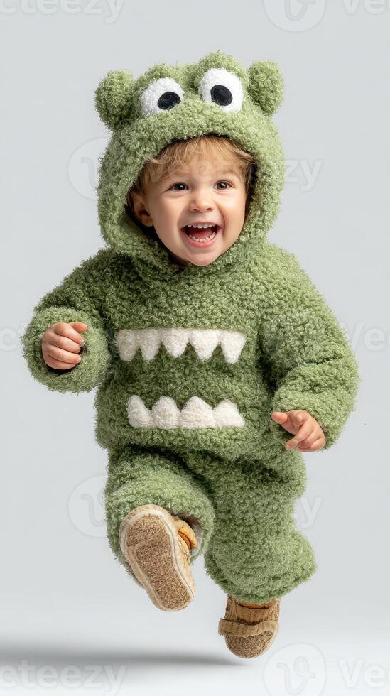 Child joyfully jumping while wearing a green fuzzy monster costume in a studio setting during daytime photo