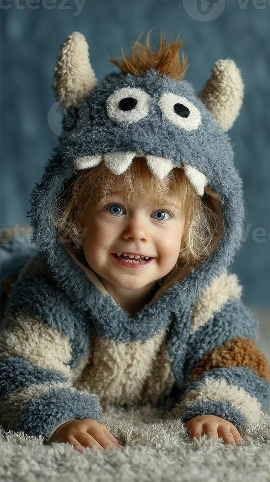 Cute child wearing monster hoodie smiles on a cozy carpet in a warm, inviting indoor setting during a sunny day photo