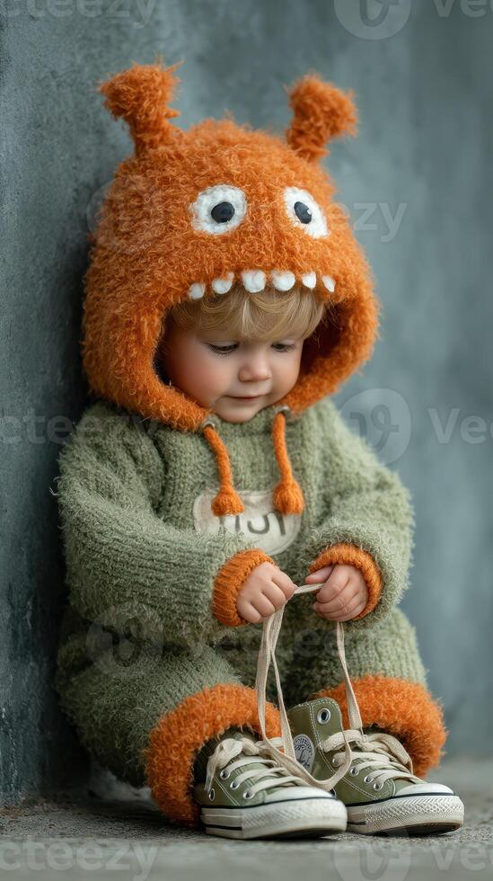 Cute toddler wearing an orange monster hoodie sits on the floor and plays with shoelaces in a cozy indoor setting photo