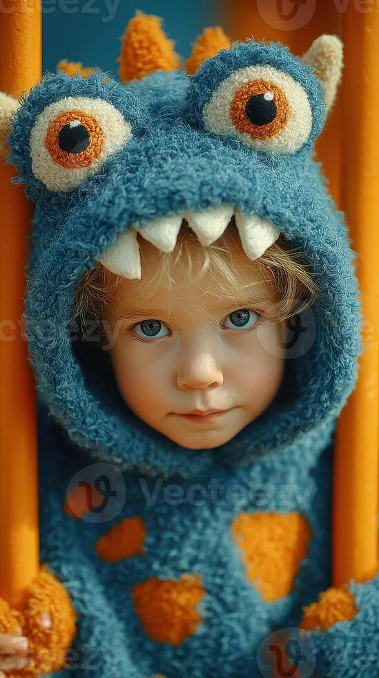 Child in monster costume plays on playground during sunny day, showcasing cheerful expression and vibrant colors photo