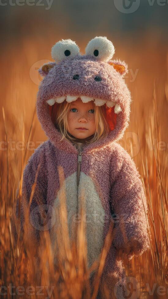 Child wearing monster costume stands in golden field during sunset, showcasing joy and imaginative play in nature's warm glow photo