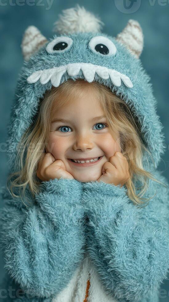 Child smiles joyfully in a fluffy blue costume during a cozy indoor setting in autumn photo