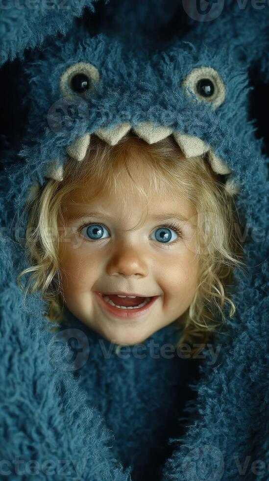 Child dressed in furry blue monster costume smiling brightly indoors during playful time photo