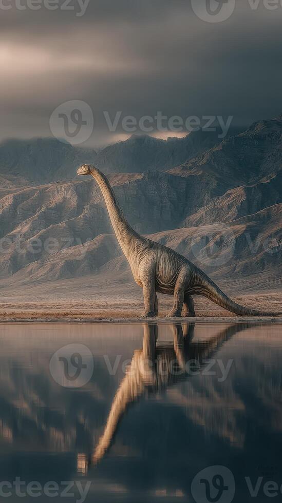 Large dinosaur stands near calm water with mountain backdrop during twilight photo