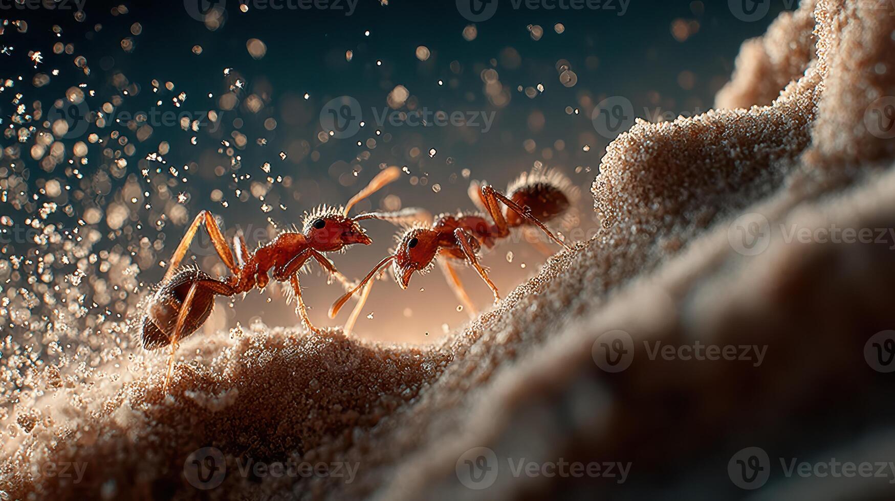 Ants working together to move sand and build their colony in a natural setting at dusk photo